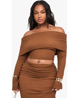 Boohoo Plus Bardot Crinkle Long Sleeve Top - Brown