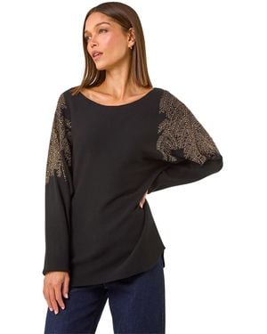 Roman Leaf Hotfix Batwing Knit Jumper - Black