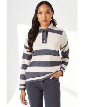 DEBENHAMS Open Collar Detail Stripe Jumper - White