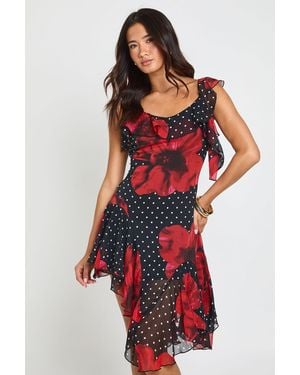 Boohoo Chiffon Floral Ruffle Detail Asymmetric Midi Dress - Red
