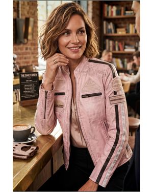 Infinity Leather Biker Racing Badges Jacket-Maple - Pink
