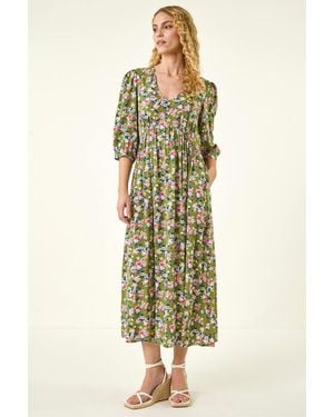 Roman Floral Print V-Neck Midi Dress - Metallic