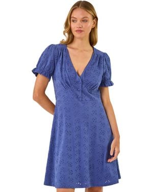 Roman Embroidered Cotton Stretch Jersey Frill Dress - Blue