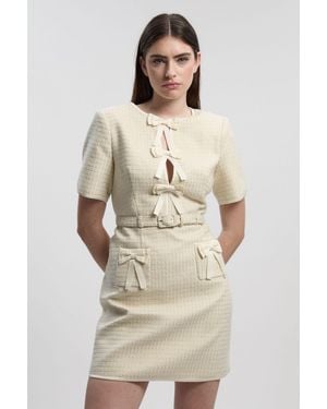 Karen Millen Tailored Tweed Bow Detail Mini Dress - Natural