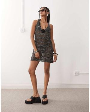 Miss Selfridge Beach Sequin Crochet Floral Corsage Mini Dress - Natural