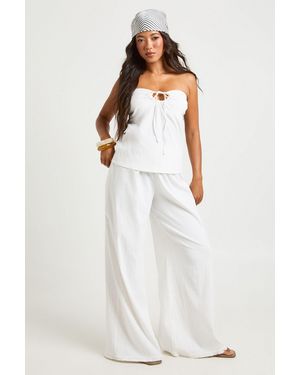 Boohoo Linen Look Frayed Hem Beach Trousers - White