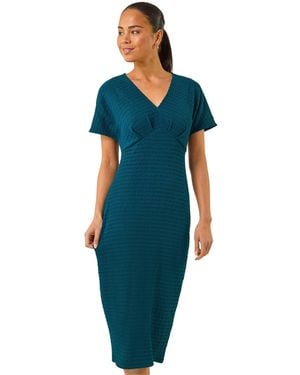 Roman Petite Textured V-Neck Stretch Midi Dress - Blue