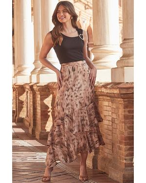 Sosandar Natural Animal Print Ruffle Hem Midi Skirt - Brown