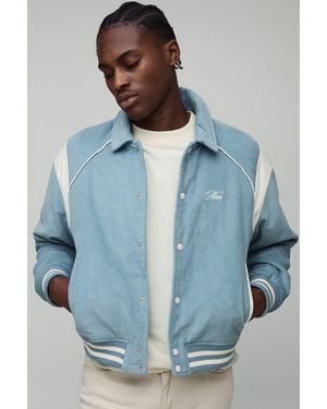 BoohooMAN Regular Fit Pu Panel Cord Back Applique Bomber Jacket - Blue