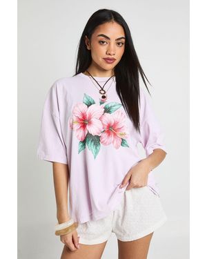 Boohoo Hibiscus Print Oversized T-Shirt - White