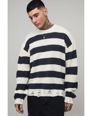 BoohooMAN Tall Boxy Distressed Striped Knitted Jumper - Grey