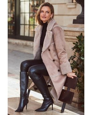 Sosandar Stone Faux Suede & Shearling Double Breasted Coat - Natural