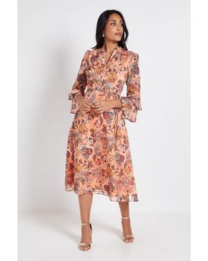 Wallis Petite Paisley Burn Out Ruffle Midi Dress - Orange