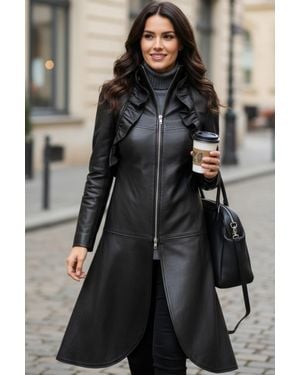 Infinity Leather Gothzwart Leren Victoriaanse Uitlopende Staartjas Met Hoge Kraag