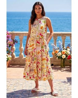 Roman Fruit Print Tiered Midi Dress - White