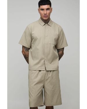 BoohooMAN Tall Textured Oversized Boxy Shirt & Relaxed Short Set - Natural