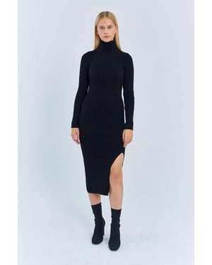 MixRay Turtleneck Midi Knit Dress With Slit - Blue