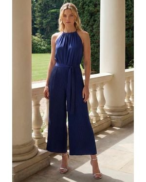 Roman Pleated Halter Neck Jumpsuit - Blue