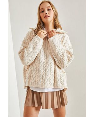 Bianco Lucci Oversized Hair Beard Jumper With Zipper Collar - Natural