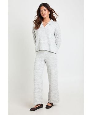 Boohoo Petite Super Soft V Neck Collared Knitted Jumper And Straight Leg Trouser Co-Ord - Grey