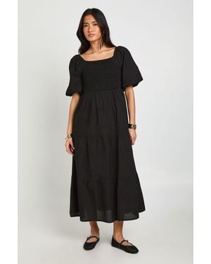 Boohoo Linen Look Volume Sleeve Tiered Midaxi Dress - Black