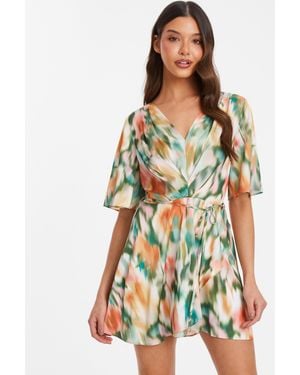 Quiz Multicoloured Marble Print Satin Playsuit - Green