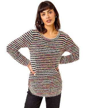 Roman Fluffy Striped Curve Hem Jumper - Multicolour