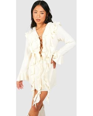 Boohoo Petite Linen Look Ruffle Boho Mini Dress - White