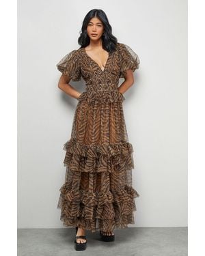 Warehouse Zebra Print Tulle Ruffle Maxi Dress - Brown
