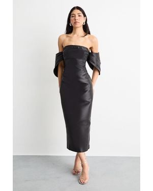 Warehouse Structured Puff Sleeve Bardot Midi Dress - Black