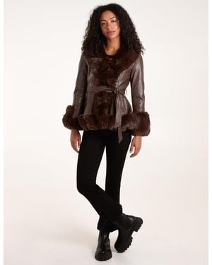 Blue Vanilla Faux Fur Pu Coat With Belt - Natural