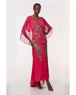 Karen Millen Tall Feather Embellished Woven Cape Sleeve Maxi Dress - Red