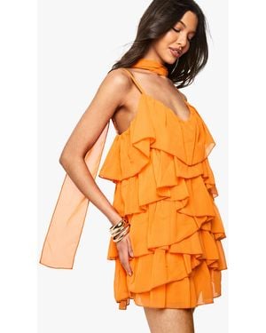 Boohoo Chiffon Scarf Detail Tiered Mini Dress - Orange