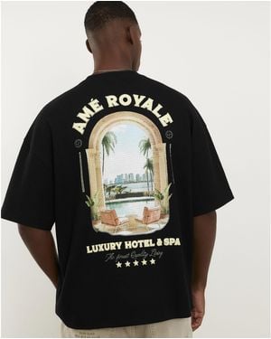 River Island T-Shirt Oversized Fit Landscape Patch Cotton - Black