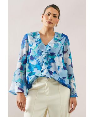 Wallis Floral Lace Trim Ruffle Blouse - Blue
