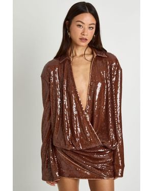 Boohoo Tall Sequin Draped Flare Sleeve Shirt Dress - Brown