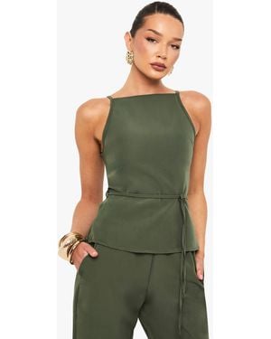 Boohoo Woven Strappy High Neck Tie Waist Top - Green