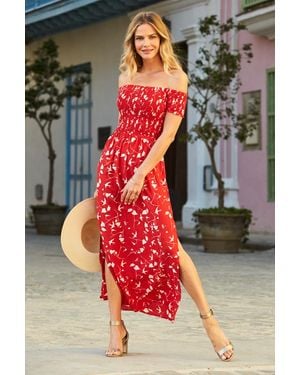 Sosandar Bird Print Bardot Maxi Dress Denim - Red
