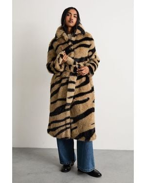 Warehouse Faux Fur Zebra Print Coat - Multicolour