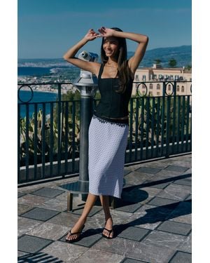 Boohoo Polka Dot Lace Waistband Woven Midi Skirt - Blue