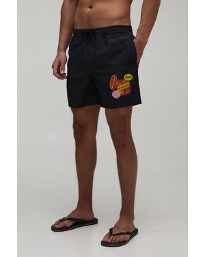 BoohooMAN Sticker Print Mid Length Swim Short - Black
