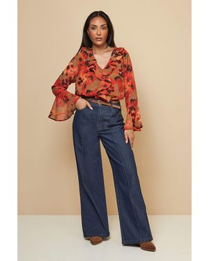 Wallis Petite Floral Print Ruffle Detail Blouse - Blue