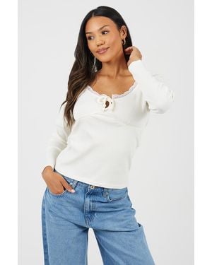 Brave Soul Ribbed Long Sleeve Top With Lace Trim - White