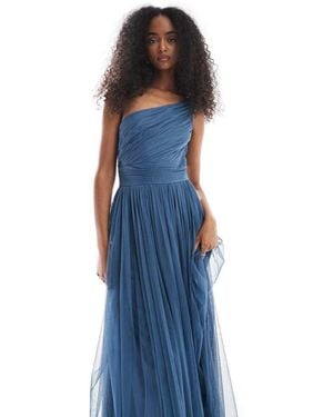 LACE & BEADS Bridesmaid One Shoulder Maxi Dress - Blue