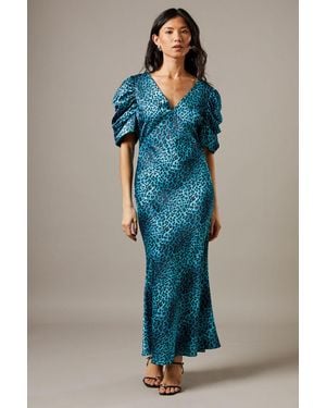 Warehouse Satin Pleat Volume Sleeve Plunge Bias Midi Dress - Blue