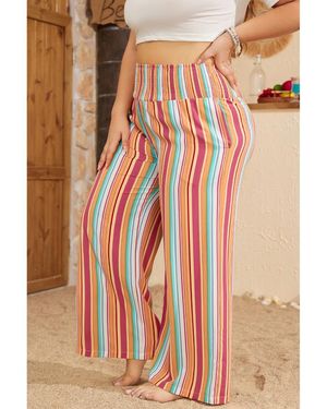 Azura Exchange Stripe Plus Size Boho Smocked Waist Loose Trousers - Brown