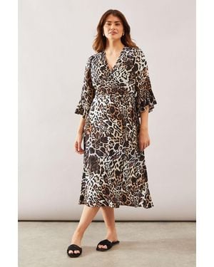 Wallis Leopard Wrap Ruffle Midi Dress - Natural