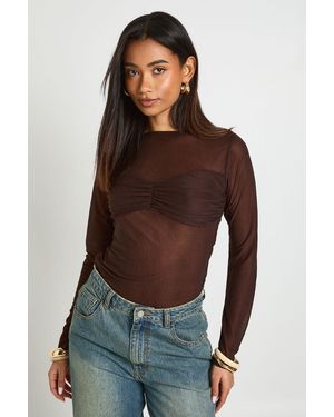 Boohoo Sheer Bust Detail Long Sleeve Top - Blue