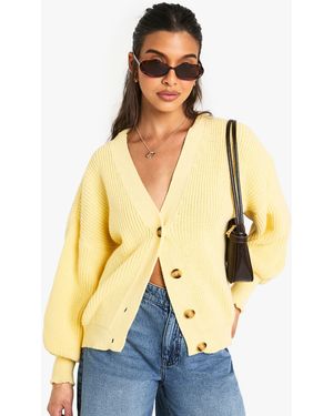 Boohoo Balloon Sleeve Button Through Rib Cardigan - Yellow
