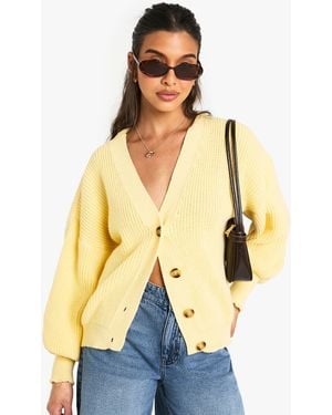 Boohoo Balloon Sleeve Button Through Rib Cardigan - Yellow